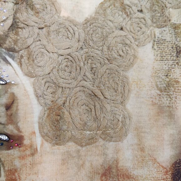 Dressbarn Women's Blouse Size 2X Beige Flowered Jeweled Cord Embroidery Y2K Chic - Picture 3 of 11